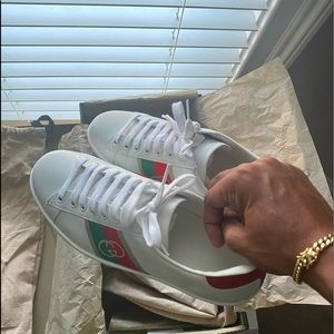 GUCCI White & Red Interlocking G Ace Sneakers.